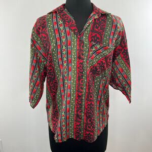 Vintage Hot Stuff Men's Red Green Abstract Baroque Button-Up Casual Shirt USA M